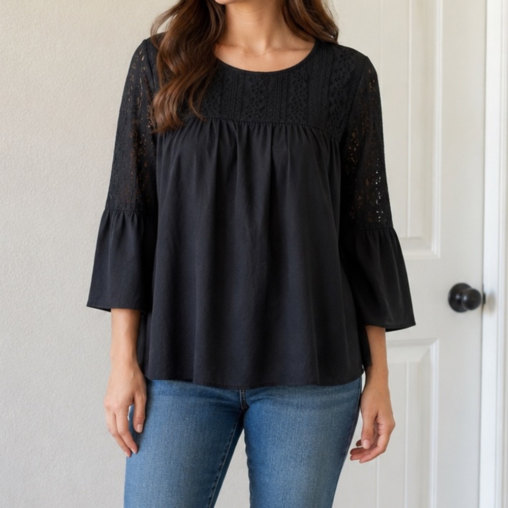 MICHAEL Michael Kors Black Lace Yoke Peasant Blouse